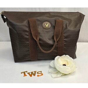 Mario Valentino Brown Monogram Tote Bag Large Zip Top Carryall Gold Logo
